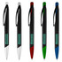 A set of five plastic pens in white, red, green, and blue, featuring black grips and a logo.
