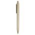 A plastic pen in a sleek gold finish, featuring a clip and a smooth writing tip. The pen includes a logo.