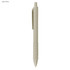 A plastic pen in light grey, featuring a textured grip and a clip, with branding on the barrel.