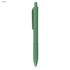 A green plastic pen with a textured grip and a clip for easy attachment. It features a branding logo.