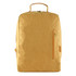 A yellow kraft paper laptop backpack with a top handle and a side zip pocket. It features a minimalist design and a logo.