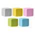 A set of five rubber erasers in grey, yellow, pink, green, and blue cube shapes, featuring a brand logo.