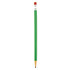 A green mechanical pencil with a clear cap and a pink eraser at the top, featuring a logo.