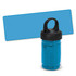 A transparent tube containing a blue cooling towel with a black lid and handle, set against a blue background.