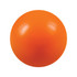 An orange stress ball with a smooth surface, featuring a simple design and a logo.