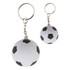 A stress soccer ball key ring in white and black with a shiny metal chain and ring.