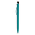 A stylus pen in turquoise with a black tip and a clip, featuring a simple design and a logo.