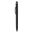 A black stylus pen with a sleek design and a metallic clip, featuring a round rubber tip for touchscreens.
