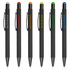 A set of six stylus pens in black with various coloured tips: red, orange, yellow, green, blue, and white. Each has a logo.
