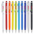 A collection of stylus pens in various colours, including red, orange, yellow, blue, silver, black, and white, with branding.