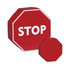 A red stress relief product shaped like a stop sign, featuring two sizes of octagonal designs. It has a logo.