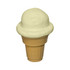 A stress toy shaped like a scoop of ice cream in light green atop a beige cone. It features a small logo.