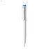 A plastic pen in white with a blue cap. It features a logo on its body.