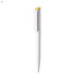 A plastic pen in white with a yellow accent cap, featuring a logo on its body.