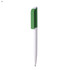A plastic pen featuring a green and white design, with a logo on the barrel.