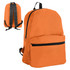 An orange backpack with black straps and a front zip pocket, featuring a logo.
