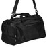 A black duffle bag with dual handles and an adjustable shoulder strap, featuring a zippered main compartment and logo.