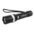A black torch with a textured grip, featuring a silver bezel and a wrist strap. It includes a branding logo.