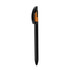A plastic pen in black with an orange accent, featuring a logo on the clip.
