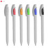A set of six plastic pens in white with coloured grips: red, orange, green, blue, and black. Each pen features a logo.