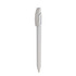 A plastic pen in white with a silver clip, featuring a simple and sleek design. It has a logo on the body.