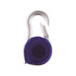 A purple carabiner tape measure with a silver hook. The casing is round and compact, showcasing its tool functionality.