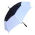 A black and white umbrella featuring a curved handle and a logo on the shaft.