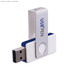 A USB flash drive with a metal clip, featuring a matte silver and white design. It includes a logo.