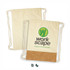 A natural canvas drawstring backpack with a cork bottom and a logo featuring green and black text.