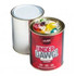 A tin filled with colourful boiled lollies, placed next to an empty white tin. The tin features a bold red design and logo.