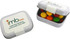 A small silver rectangle tin filled with assorted jelly beans in various colours, featuring a logo on the lid.