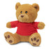 A plush teddy bear in a red shirt with brown paws and a friendly face, featuring a small logo on the shirt.