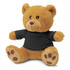 A plush teddy bear toy in a brown hue, wearing a black T-shirt, with soft paws and a friendly expression.