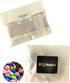 A kraft paper bag containing colourful choc beans, featuring a logo on the front.