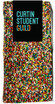 A chocolate block covered in colourful sprinkles, packaged with a logo on the front.