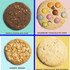 A selection of cookies, including Triple Chocolate Chip, Rainbow Chocolate Chip, Chewy Anzac, and White Chocolate Macadamia, displayed on pastel backgrounds.