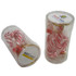A clear tube containing six red and white candy canes, with a logo on the top.