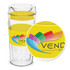 A double wall glass cup with a clear body and yellow silicone sleeve; features a logo.