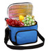 A blue cooler bag with a silver interior, filled with various fruits including grapes and a bell pepper.