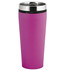 A travel mug in vibrant pink with a stainless steel lid and a sleek design, featuring a logo.