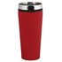 A drink bottle in vibrant red with a stainless steel lid and a sleek design, featuring a logo.