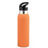A drink bottle in bright orange with a stainless steel top and a black lid, featuring a logo.