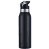 A drink bottle in black with a silver band and a flip-top straw, featuring a logo on the body.