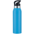 A drink bottle in bright blue with a silver band and black lid. Features a logo on the body.