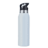 A drink bottle in white with a black lid and a silver accent, featuring a logo on the body.