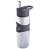 A drink bottle in silver and black featuring a spout and built-in handle, with a logo on the side.