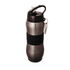 A drink bottle in metallic silver with a black grip and a black lid, featuring a carabiner clip.