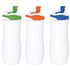 A drink bottle set featuring three bottles with white bodies and coloured lids in green, orange, and blue. Each has a logo.