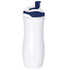 A drink bottle in white with a navy blue lid and spout, featuring a branded logo.
