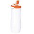 A drink bottle in white with an orange lid and spout, featuring a logo.